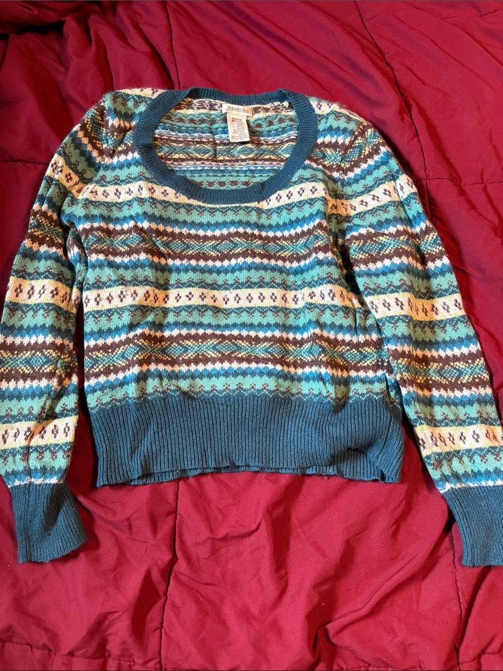 St. John's Bay Teal Multicolor Fair Isle Crewneck Sweater